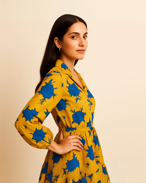 Women's Floral Print Dress Ruffle Hem Belted Boho Midi Dress V-neck Yellow