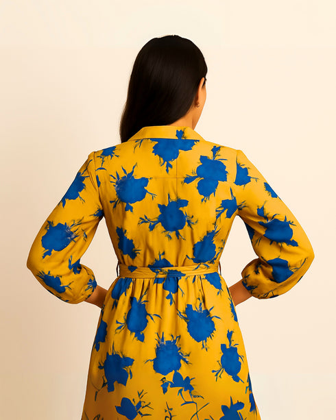 Women's Floral Print Dress Ruffle Hem Belted Boho Midi Dress V-neck Yellow