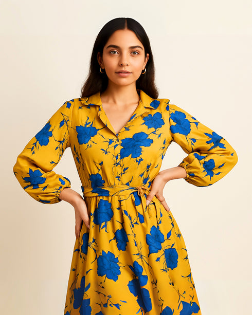 Women's Floral Print Dress Ruffle Hem Belted Boho Midi Dress V-neck Yellow